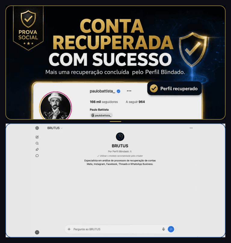 Uma conta real de cliente recuperada e o ecrã real de acesso ao BRUTUS no ChatGPT.